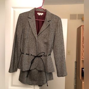 Kay Unger Black and White Herringbone Blazer with Burgundy Lining